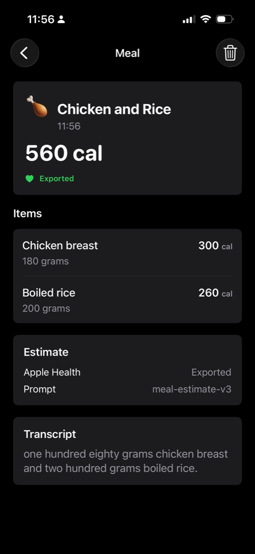 Ate That meal detail screen with calories, nutrients, items, and transcript